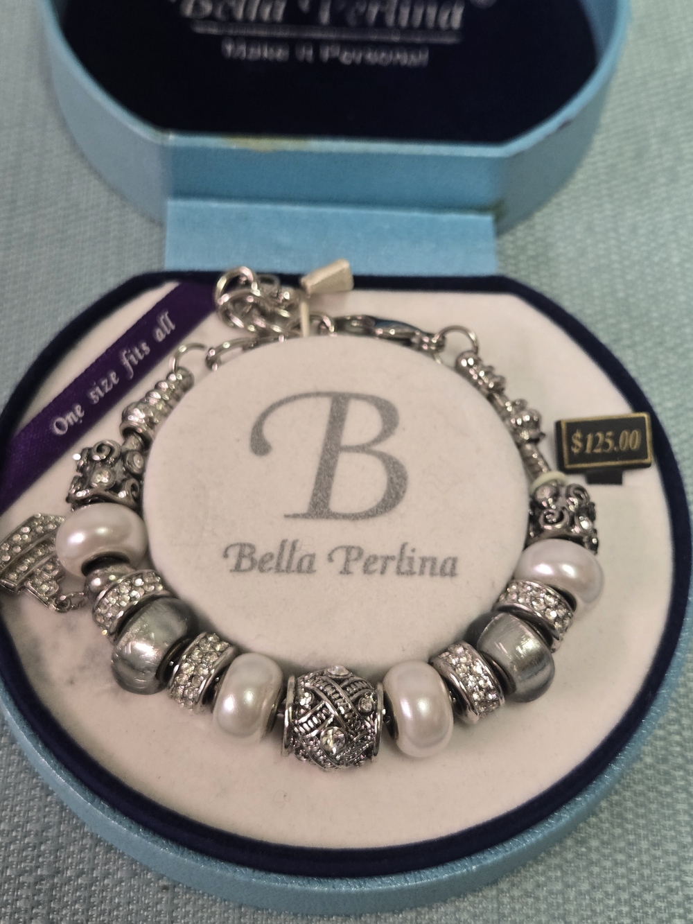 bella Perlina Silver and Pearl Accent Charm Bracelet